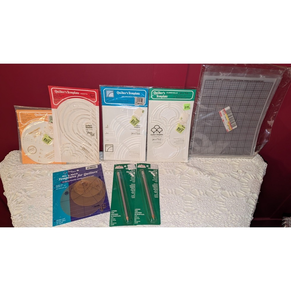 Vintage Quilting Lot 8 Templates, Pencils, Pack Of Plastic Grid, Yours Truly
